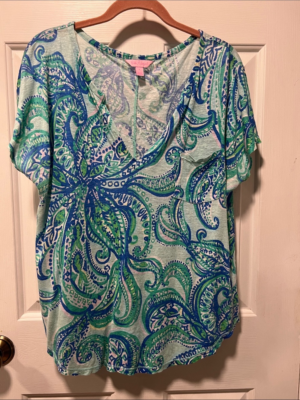 Lilly Pulitzer Mint Green V-Neck Paisley Short Sleeve Top